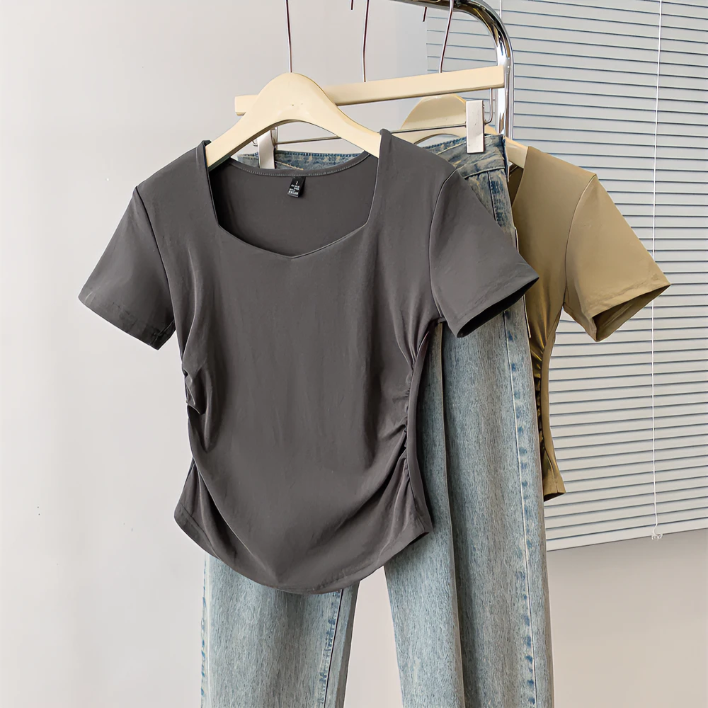 不规则短款方领短袖t恤女夏季百搭设计感小众小个子修身正肩上衣