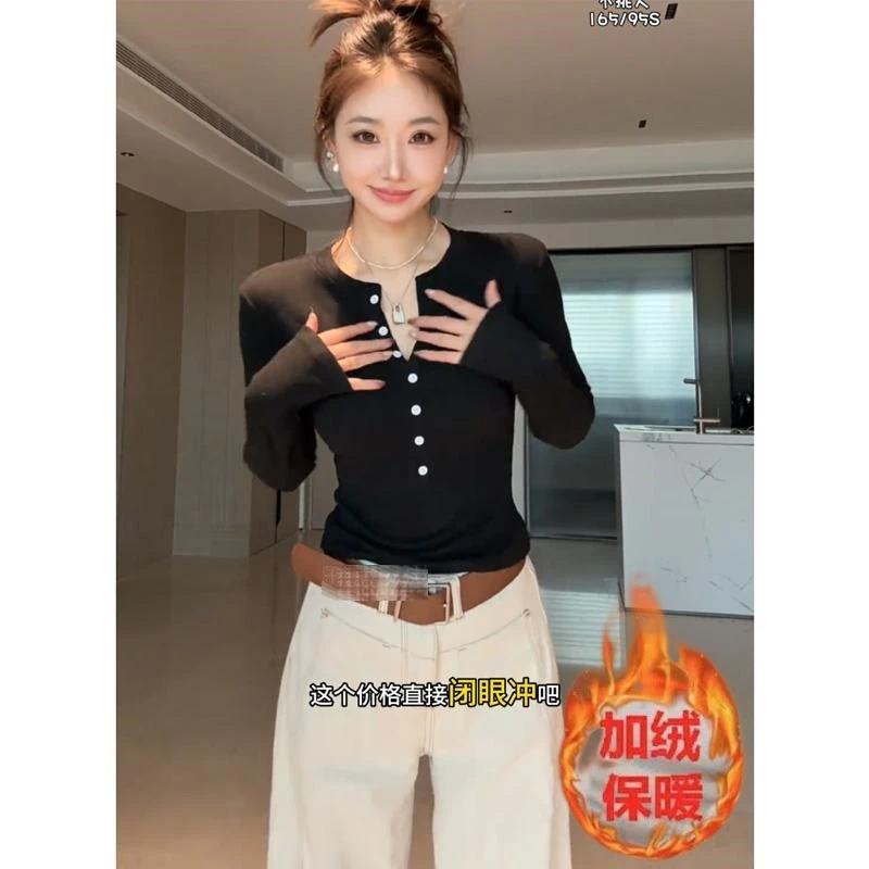 辣妹小心机半开领长袖T恤女秋冬新款修身纯欲磨毛内搭打底衫上衣