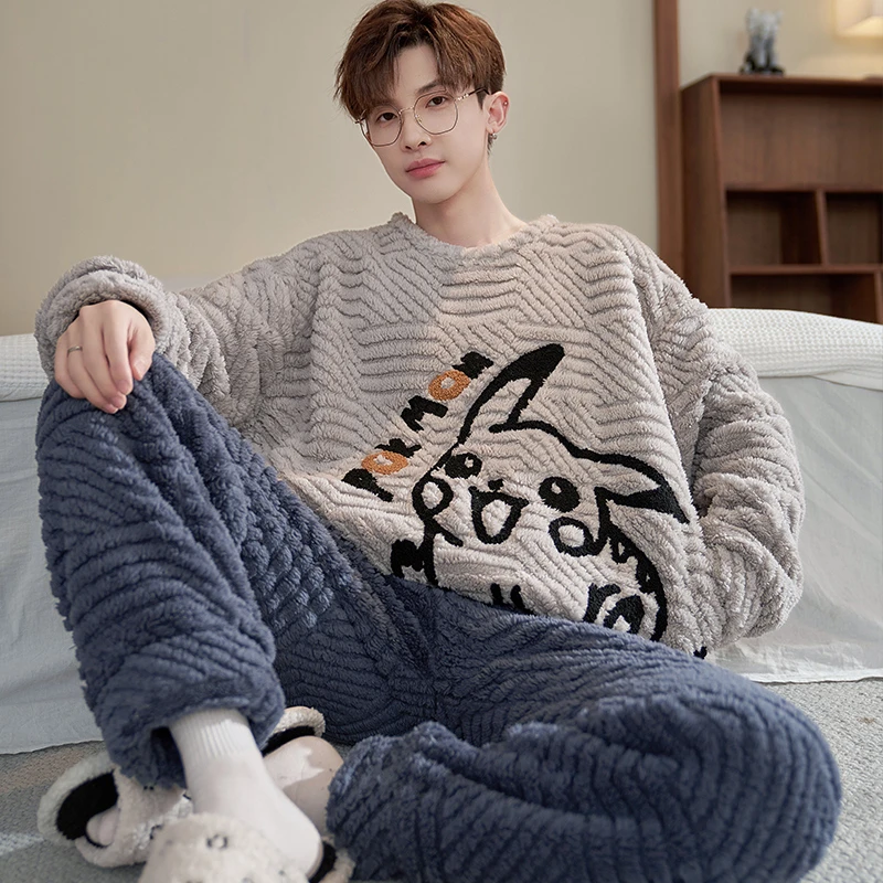 睡衣男冬季加厚卡通珊瑚绒秋冬款男士青少年法兰绒保暖套装家居服
