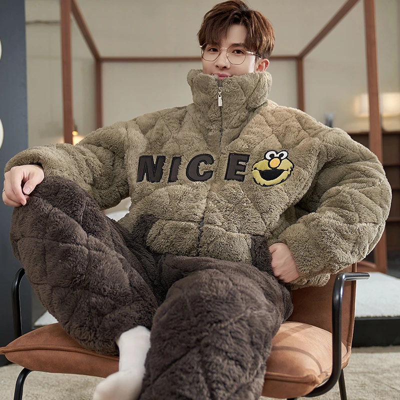 睡衣男士冬季学生加厚加绒三层夹棉珊瑚绒秋冬款家居服套装可外穿