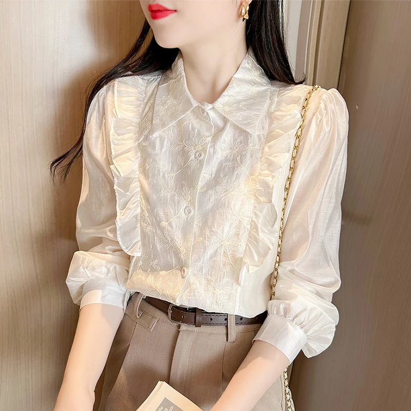 83荷叶边气质长袖雪纺衬衫女秋季2024年新款设计感别致漂亮小衫