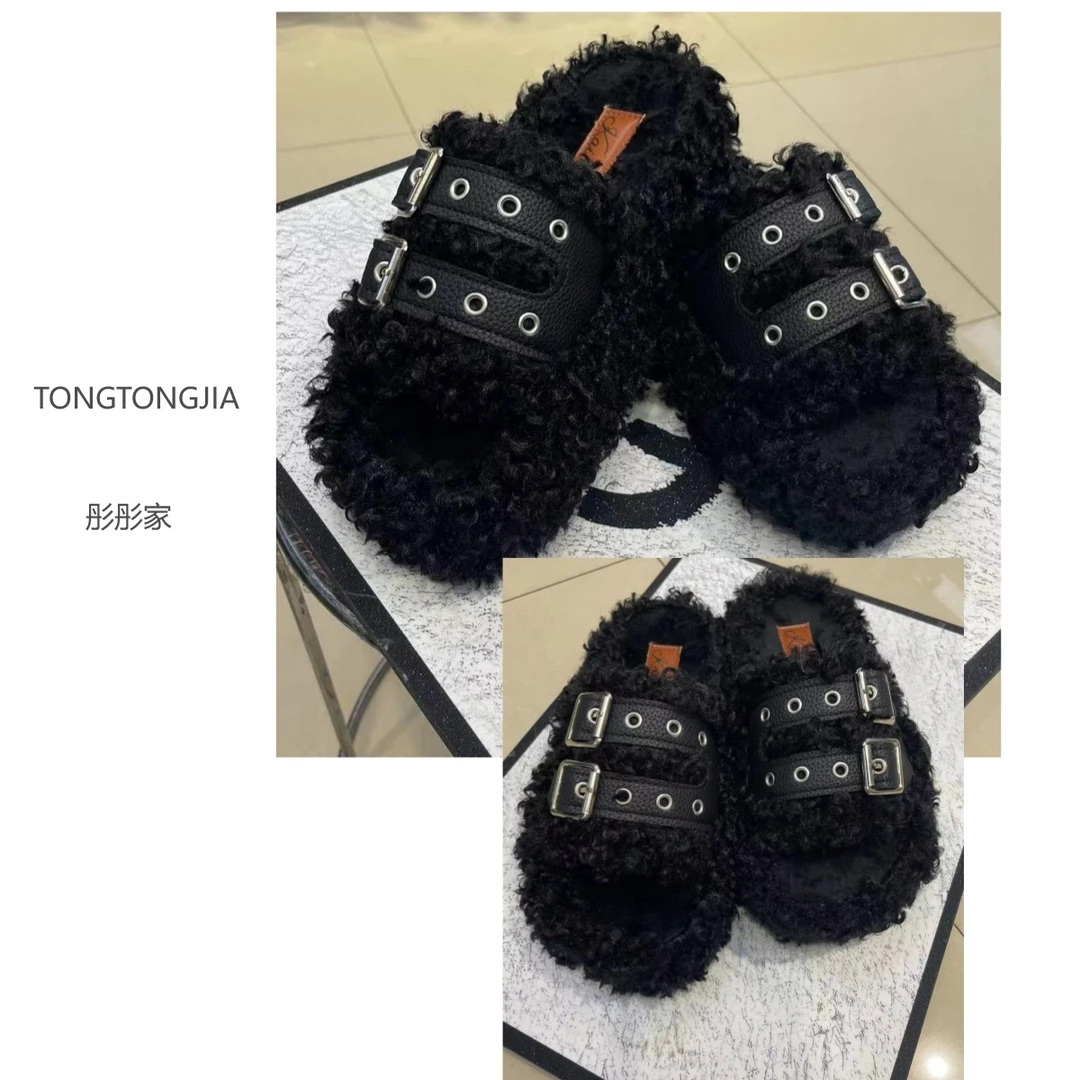 【TONGTONGJIA】秋冬季新款卷毛时尚毛毛拖鞋