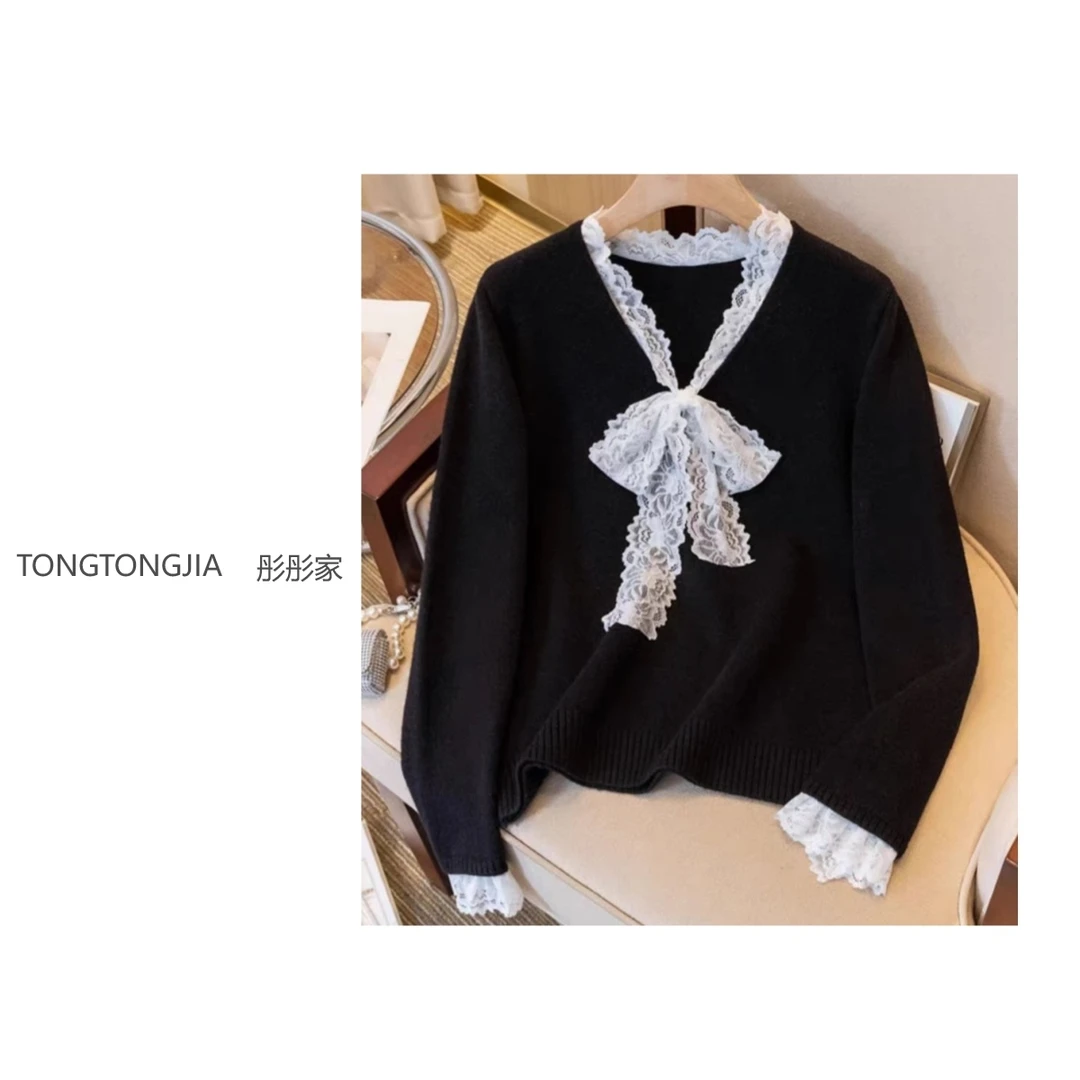 【TONGTONGJIA】韩系2024冬季新款蝴蝶结蕾丝针织小香风毛衣