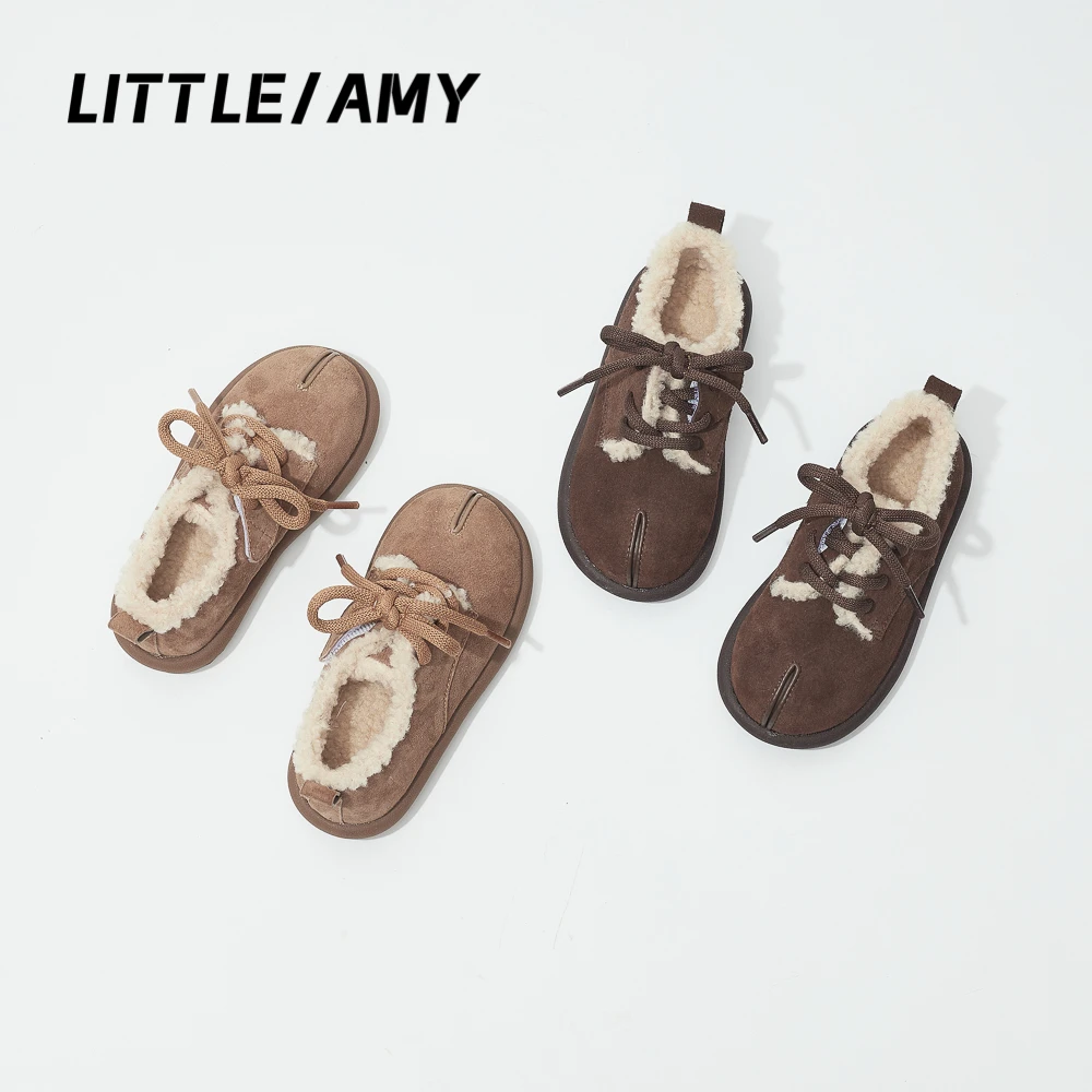 LITTLEAMY小艾咪 儿童新款牛皮磨砂假分趾加绒豆豆鞋女童男童防滑