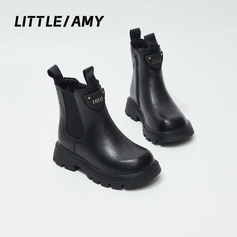 LITTLEAMY/小艾米 儿童女童真皮马丁靴时尚加绒冬季中大童童鞋