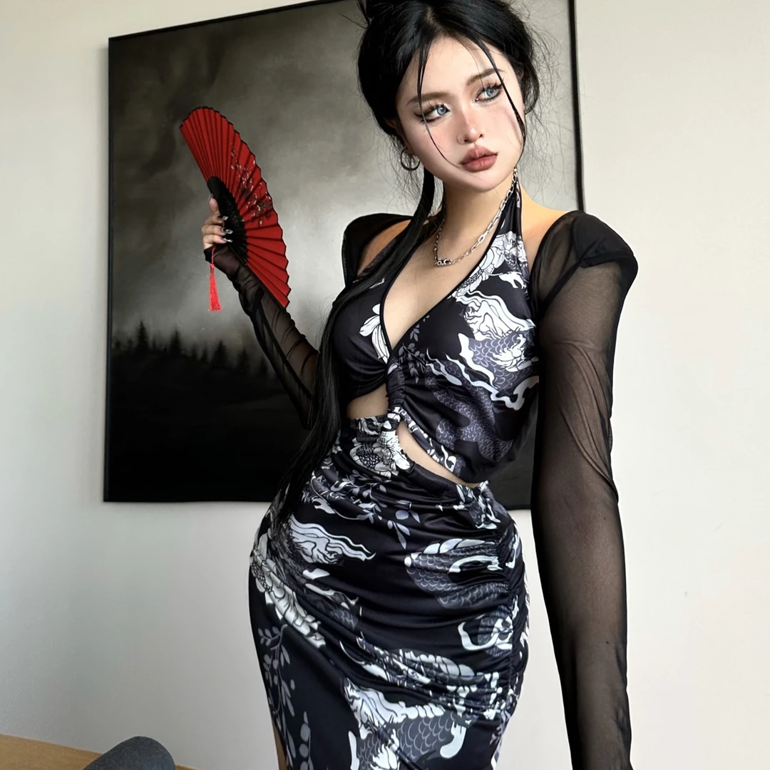 Blackgirl新款【青花瓷】辣妹性感龙纹 棋袍改良版无袖印花连衣裙