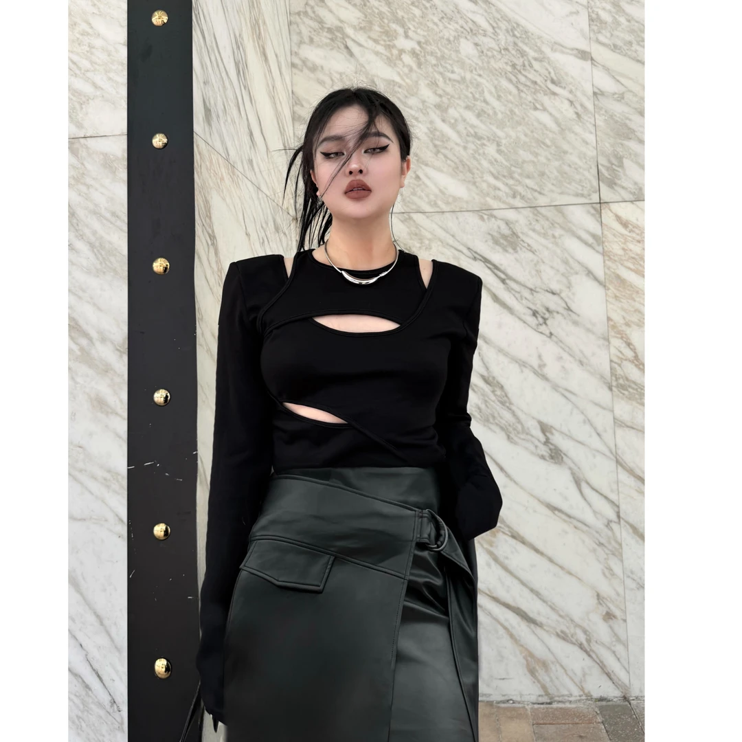 Blackgirl新款【辣妹穿搭】 百搭显瘦高弹镂空拼接欧美风上衣打底衫