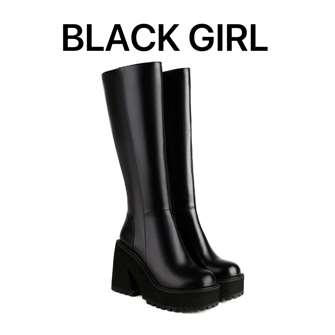 Blackgirl新款【大长腿】辣妹厚底骑士靴小个子超高显瘦增高长筒靴