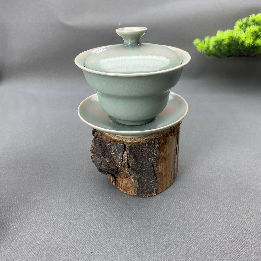 原矿汝瓷仿古豆绿釉全手工支钉烧福禄盖碗微瑕（张攀峰）