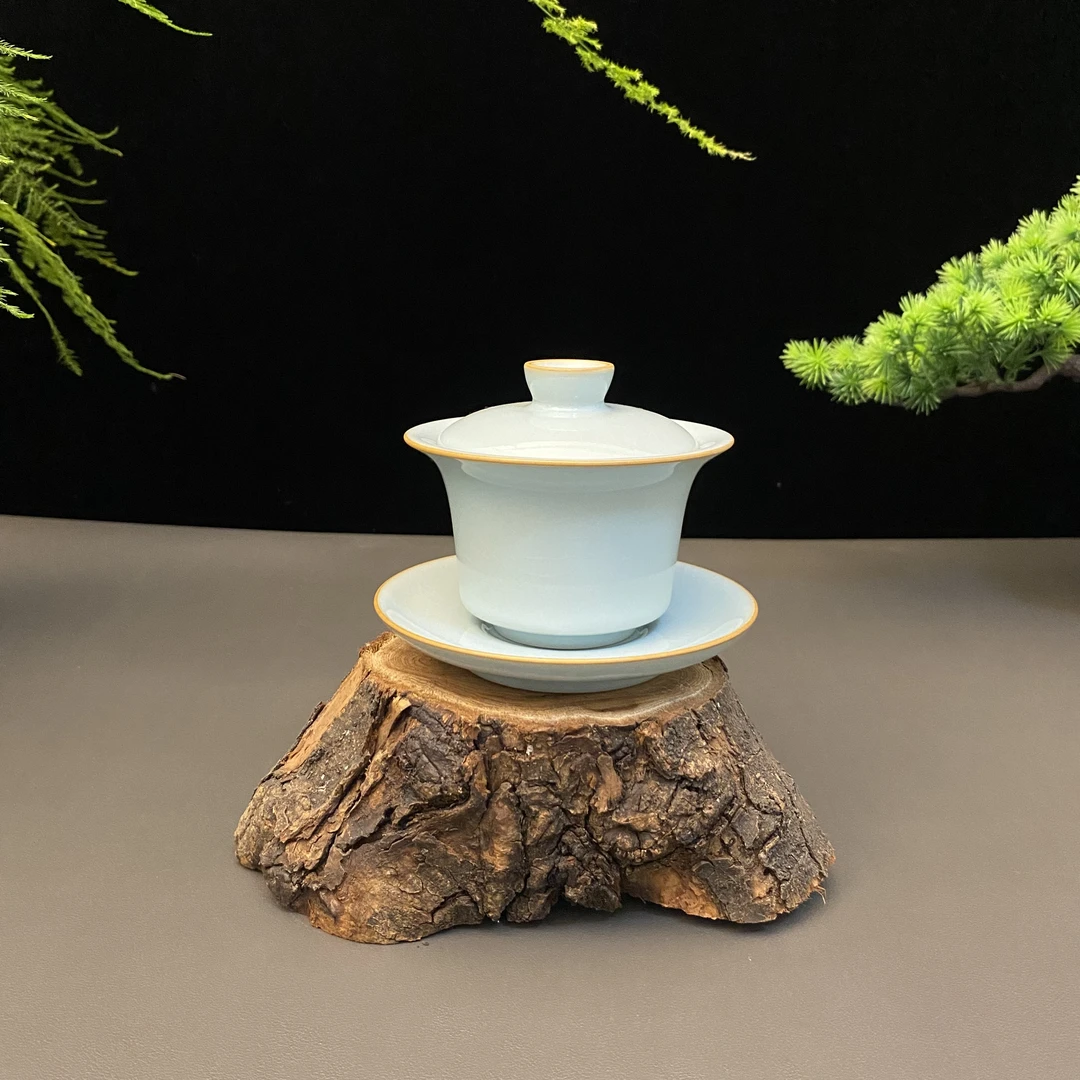 原产地原矿汝瓷天青色全手工支钉烧盖碗 马蹄 元宝