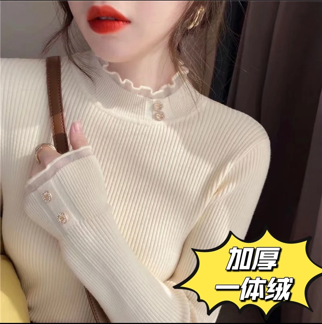 2025年新款秋冬加绒加厚一体绒毛上衣女蕾丝保暖打底衫半高领针织