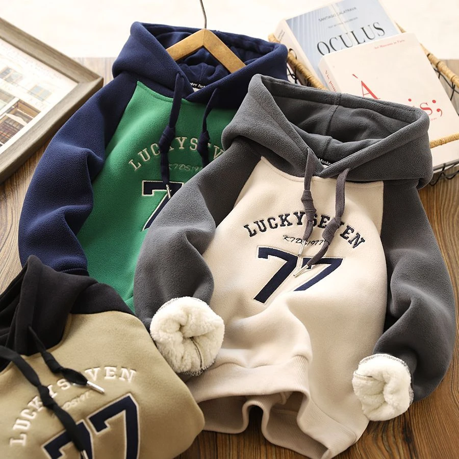 男童加绒加厚卫衣连帽秋冬装2024新款儿童插肩袖保暖上衣