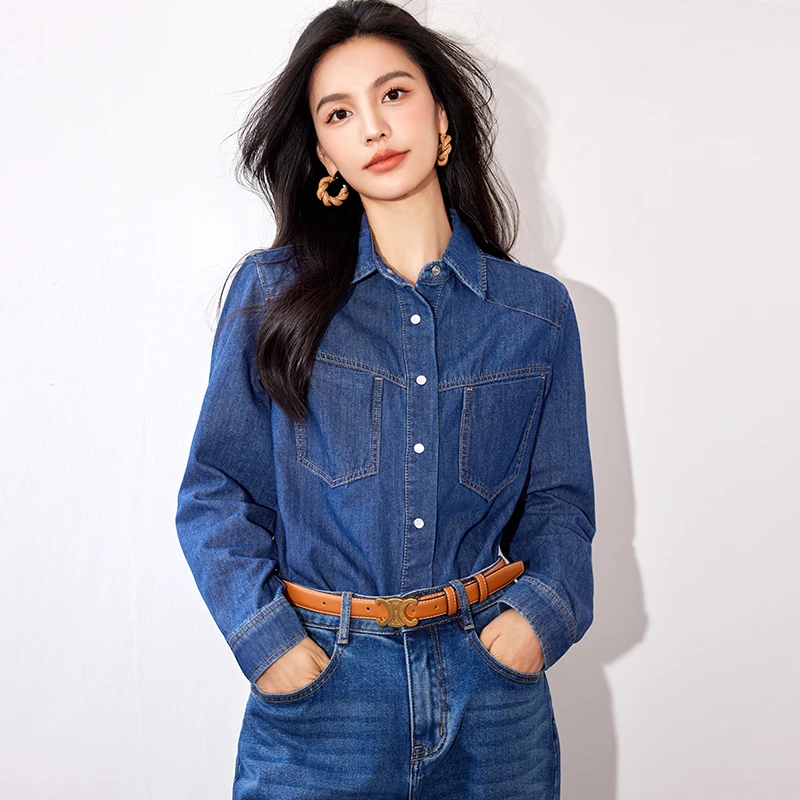 蓝色牛仔衬衫女秋冬季新款长袖气质宽松衬衣内搭叠穿打底港风外套