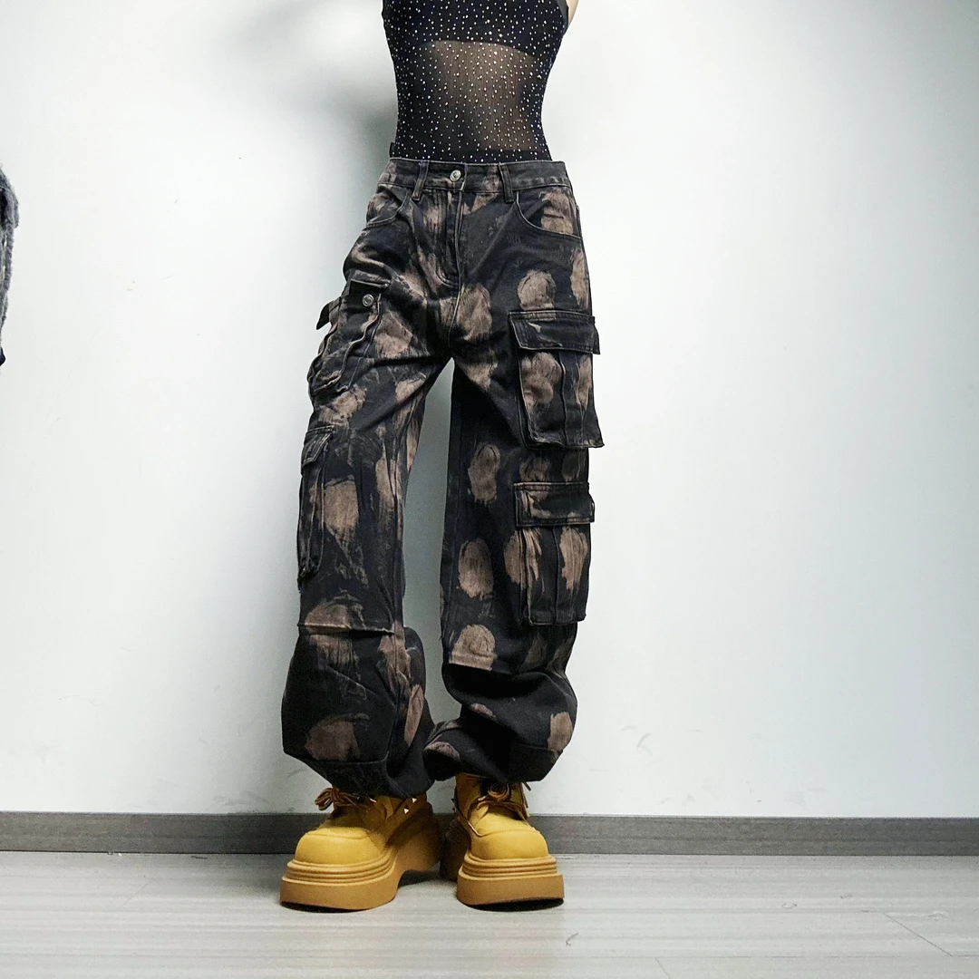 （一）十三姨感牛仔裤女秋季新款重工多口袋扎染宽松阔腿裤工装裤