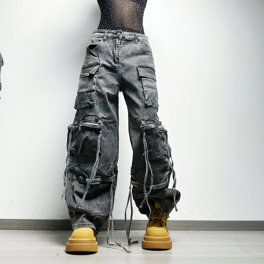 （一）十三姨重工多口袋设计休闲工装牛仔裤女新款流行时尚潮牌女装