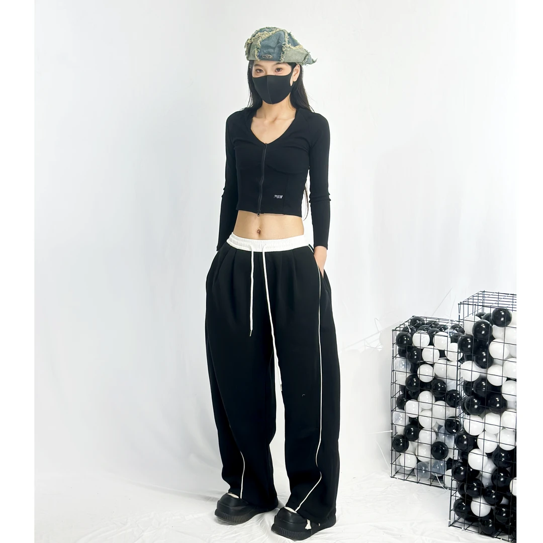 （一）十三姨    抽绳运动休闲裤女2024秋季新款拼接显瘦阔腿裤