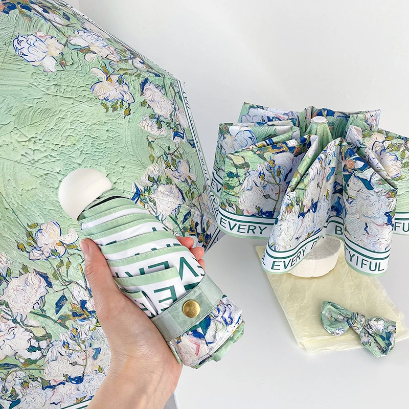 绿野白玫瑰五折遮阳伞小巧便携黑胶防晒防紫外线雨伞