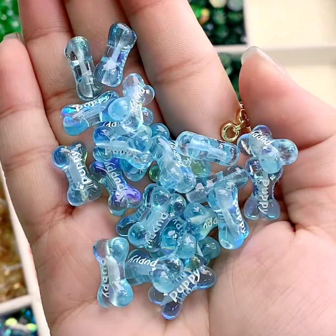 DIY饰品配饰 韩国胶定制珠 亮面发光双面手绘“Puppy"狗骨头