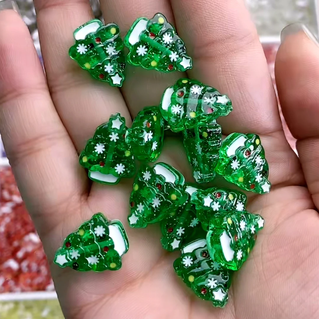 DIY饰品配饰 韩国胶定制珠 透色双面手绘圣诞树 通孔散珠手作材料