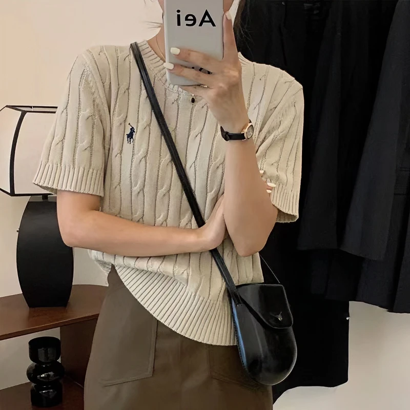 LJM 麻花针织短袖毛衣刺绣学院风复古打底衫半袖上衣毛衣针织衫