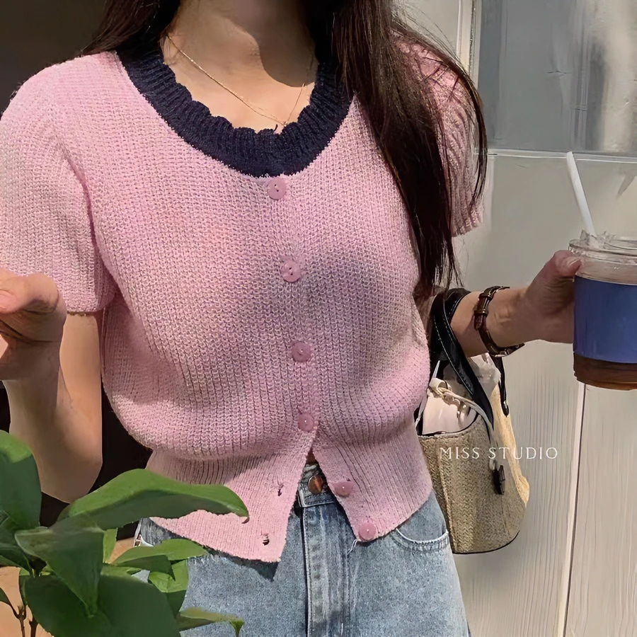 LJM 春夏甜美拼色波浪针织开衫韩系圆领单排扣短款上衣女小众显瘦