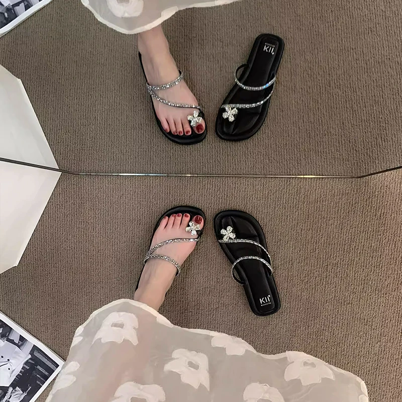 晚风水钻套趾法式拖鞋仙女风凉鞋2024春夏新款外穿银色凉拖女鞋子