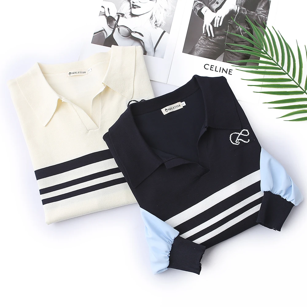 XQX9288学院风撞色假两件长袖针织衫大码女装秋时尚条纹翻领上衣