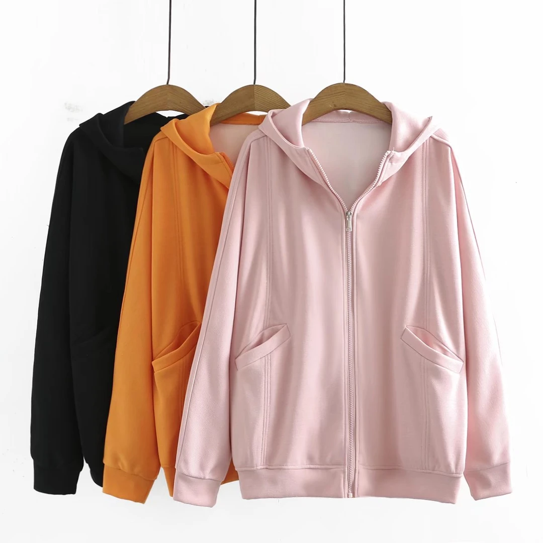 YE6606简约纯色长袖连帽卫衣开衫大码女装春秋百搭运动外套