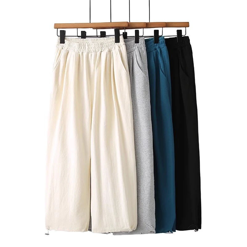 LM6108纯色松紧腰裤脚抽绳休闲裤大码女装秋季显瘦哈伦裤