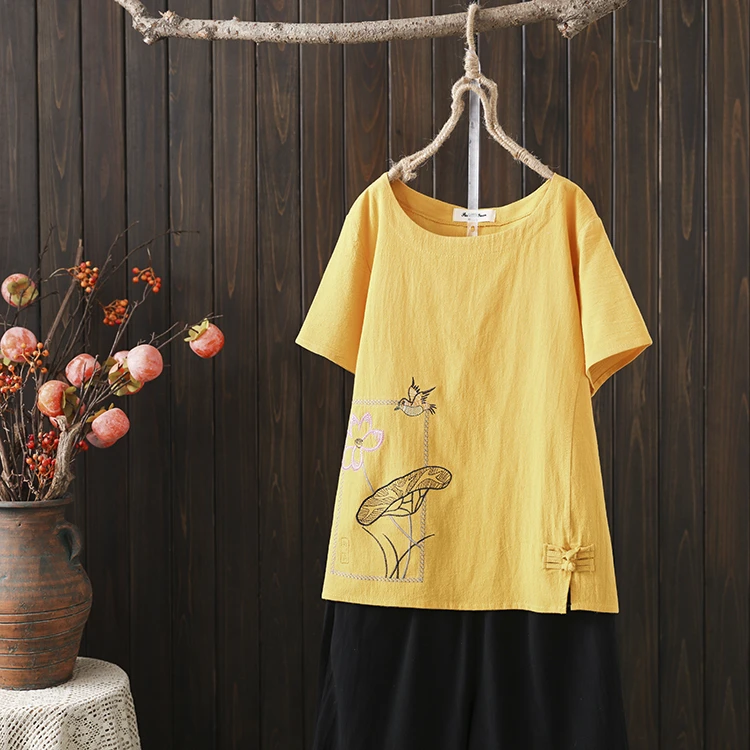 PRY212刺绣圆领大码女装国风T恤夏季半袖复古宽松文艺盘扣上衣