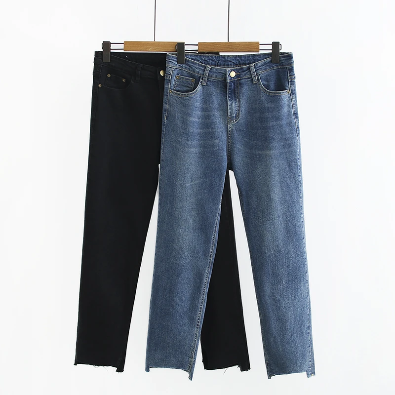 CH153脚口不规则剪边牛仔裤大码女装秋季棉弹显瘦休闲长裤百搭