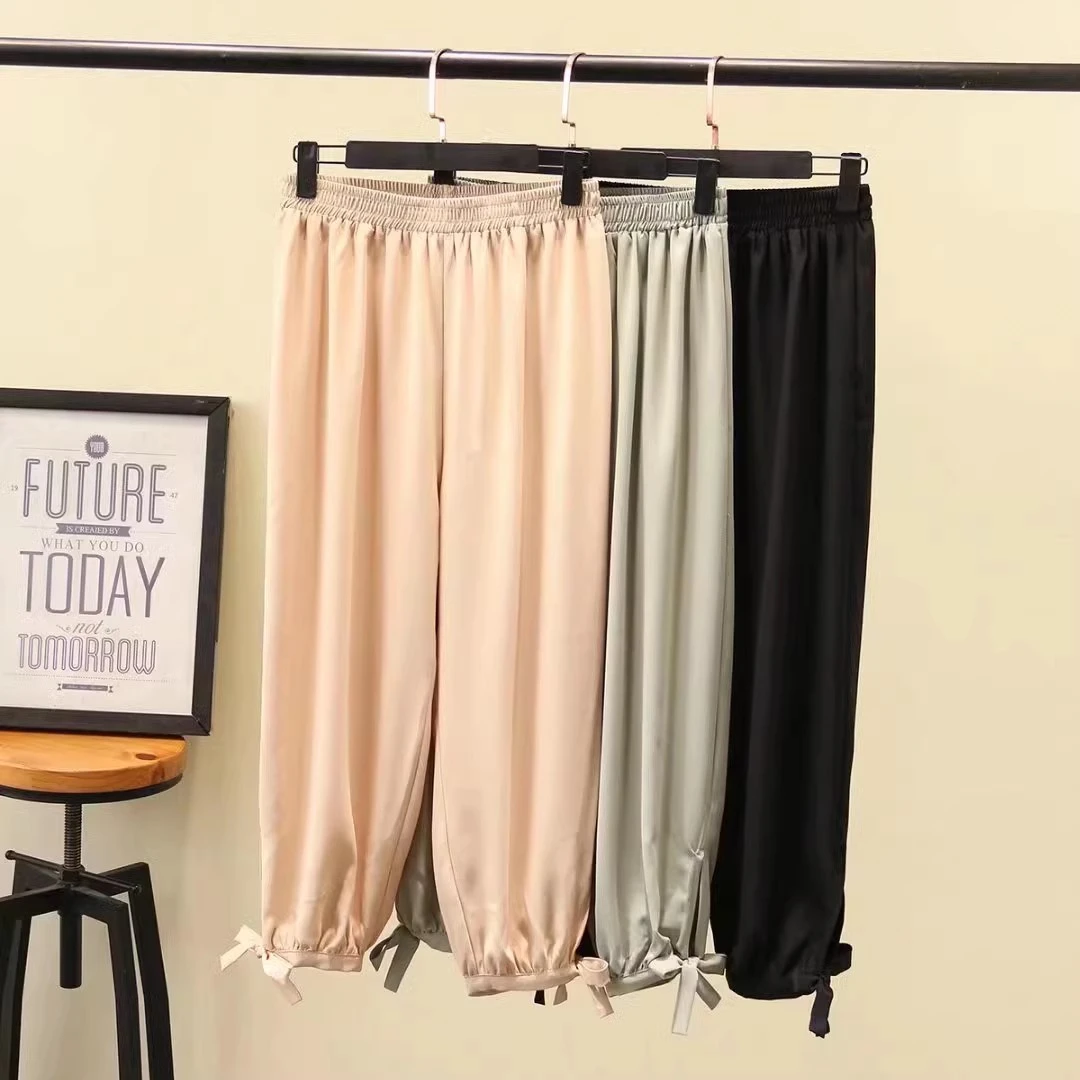 DU189纯色松紧腰大码女装休闲裤百搭夏季薄款九分裤防蚊裤雪纺裤