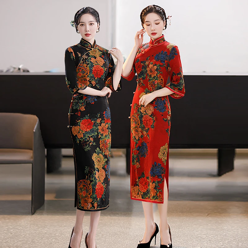 B016复古改良旗袍新款花罗婆婆装中国风气质优雅连衣裙