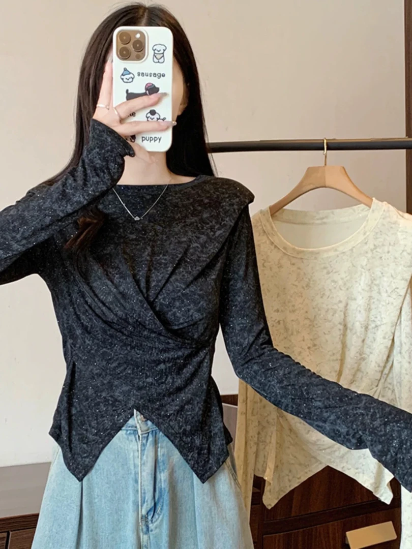 2024早秋新款设计感亮闪长袖T恤大码女装胖mm收腰显瘦短款打底衫