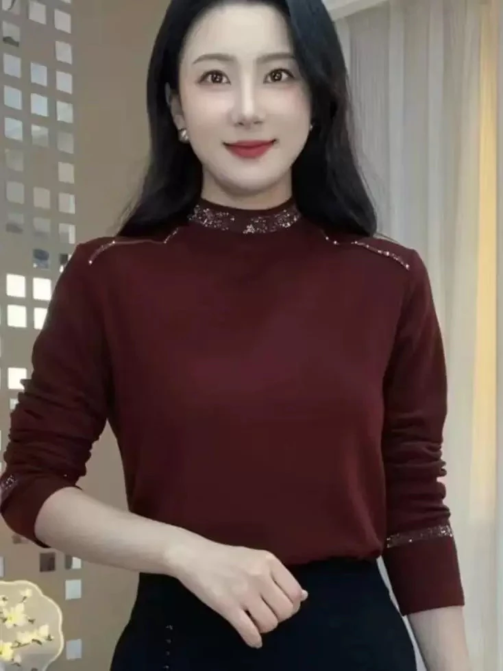 冬季长袖t恤中年上衣女小高领打底衫时尚轻奢风小众减龄妈妈T恤衫