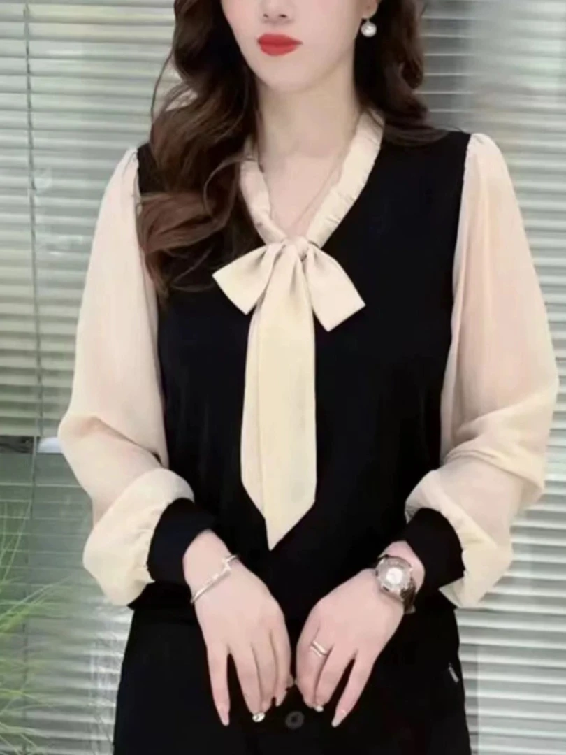 法式金丝绒打底衫女高级感春装2024新款小香风上衣内搭蝴蝶结衬衫