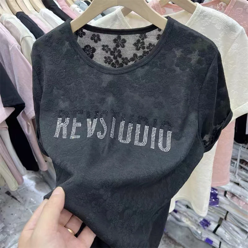 2024夏新款中式提花蕾丝烫钻短袖T恤女洋气百搭国风上衣