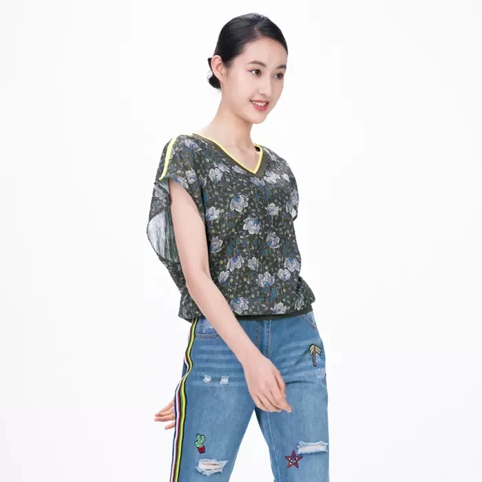 声雨竹春夏时尚宽松印花拼罗纹气质套头百搭女士衬衣
