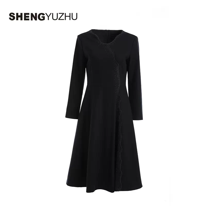 声雨竹秋冬新款时尚轻奢气质修身显瘦长袖连衣裙女长款纯色A字裙