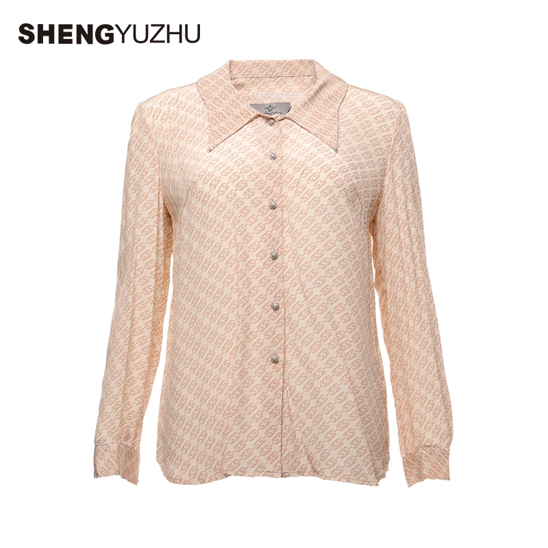 声雨竹春夏新款时尚气质翻领印花桑蚕丝长袖优雅女士衬衫