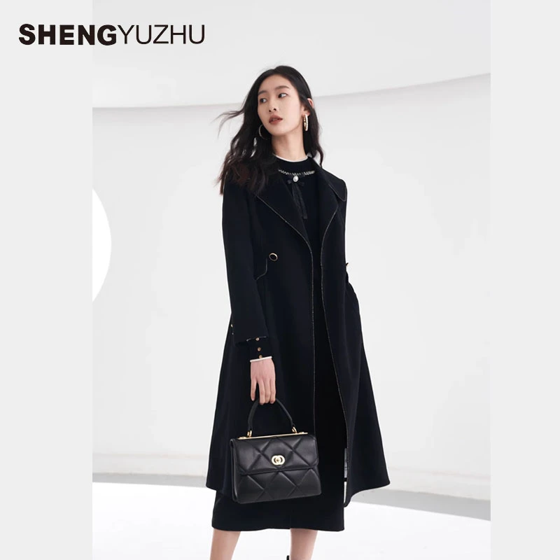 声雨竹秋冬新款时尚轻奢双面呢大衣女百搭长款西装领外套