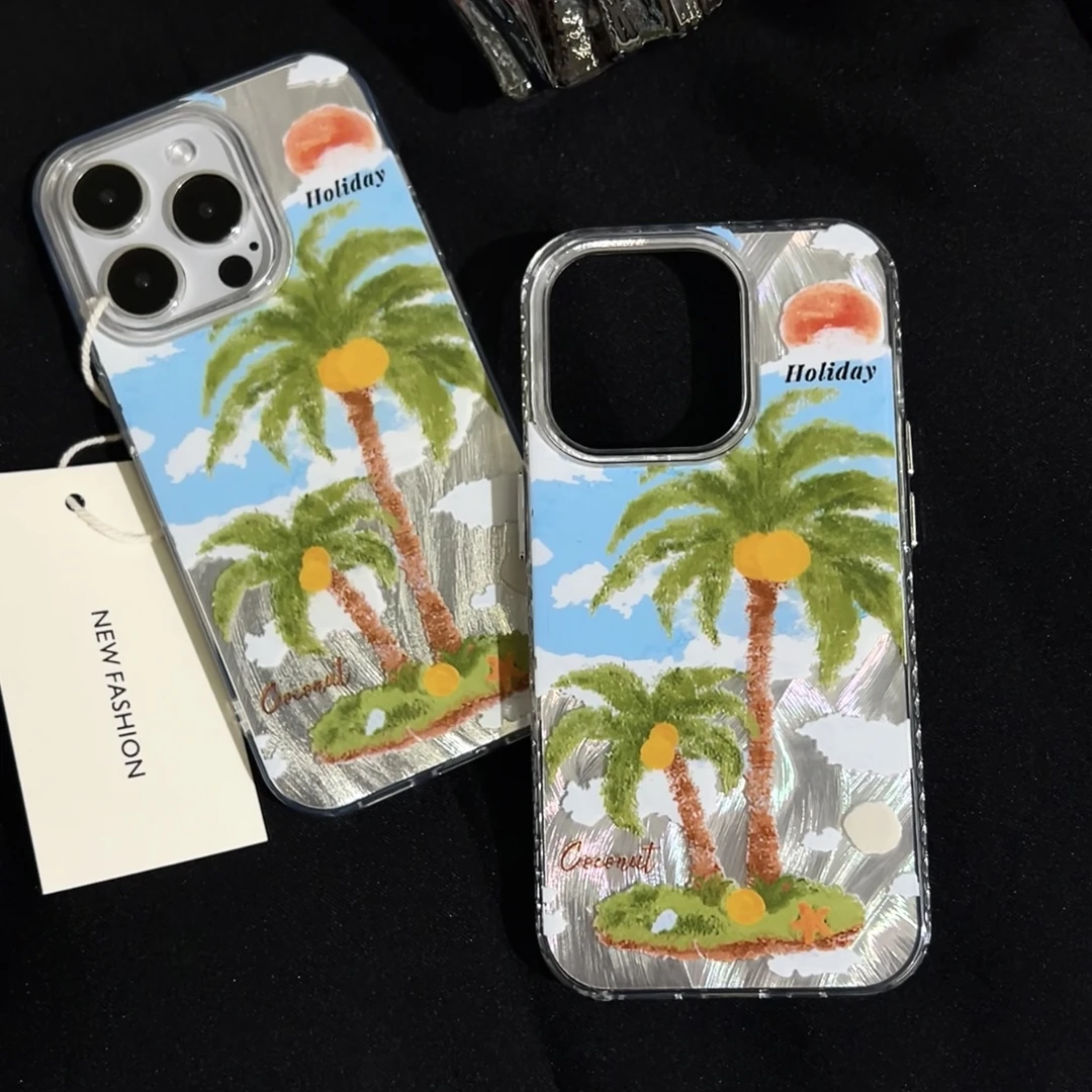 夏屿乐夏日椰树羽纱适用iPhone14/15promax手机壳苹果13潮11/12女