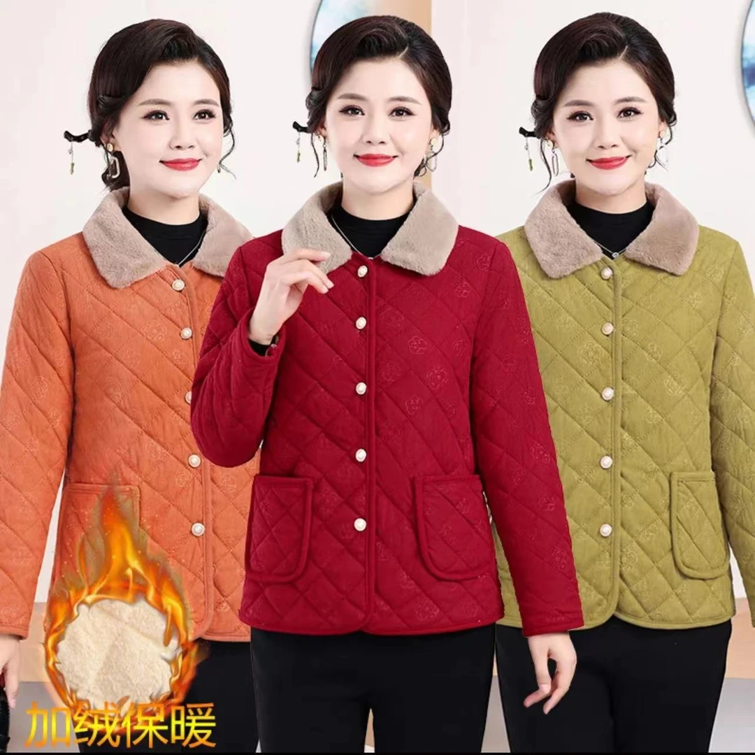 中年妈妈装加绒棉袄加厚棉衣外套冬季保暖新中式洋气