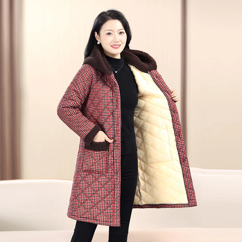 妈妈新款加绒保暖加厚连帽棉服外套中老年棉袄冬季中长款时尚棉衣