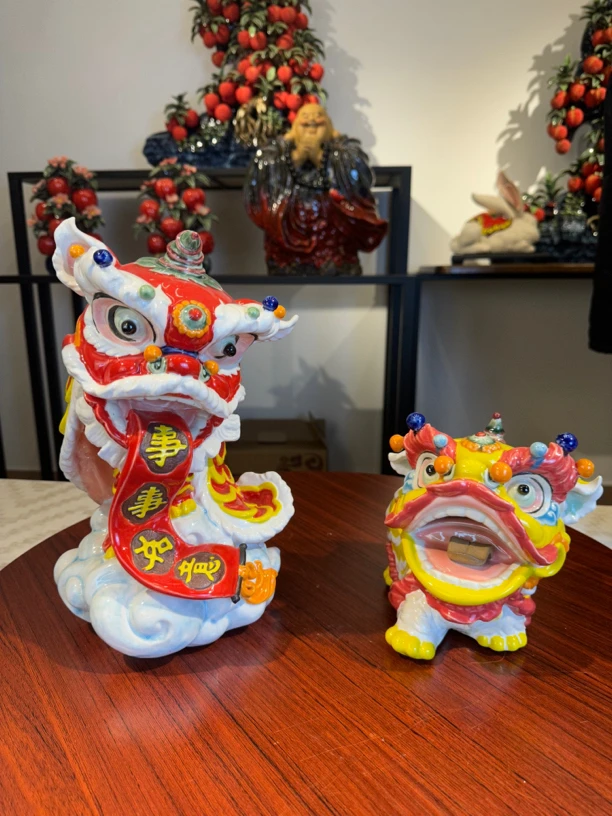 佛山石湾陶艺 醒狮一对