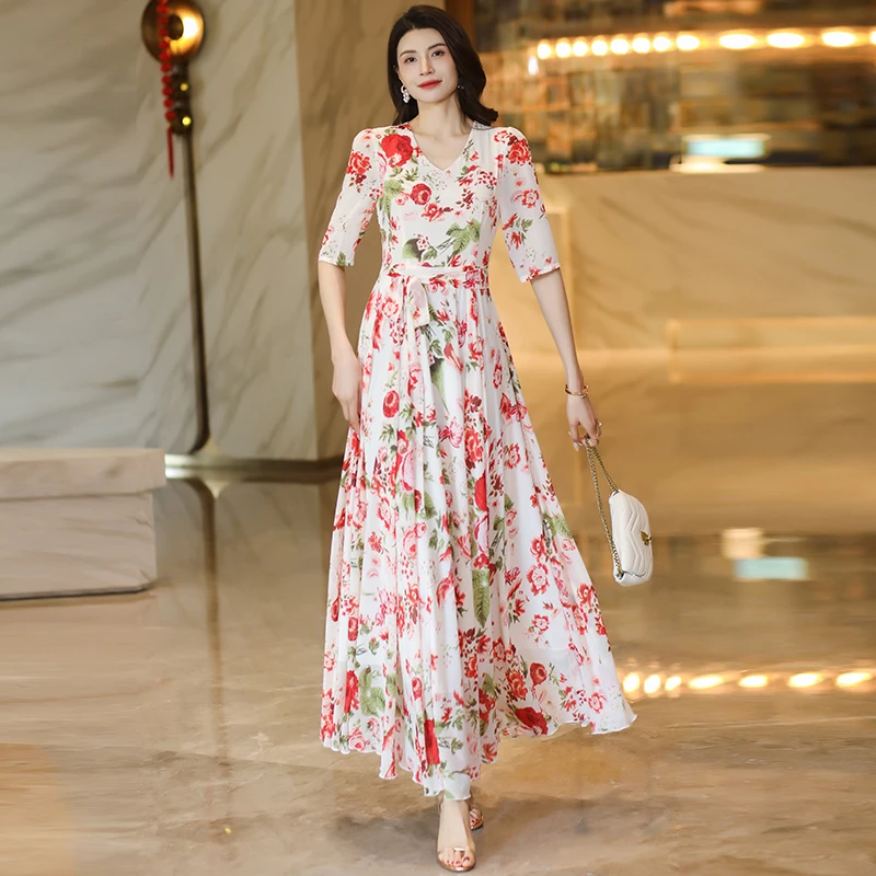 香衣丽华（08款219号花色）五分袖花色长款大摆过膝连衣裙修身显瘦