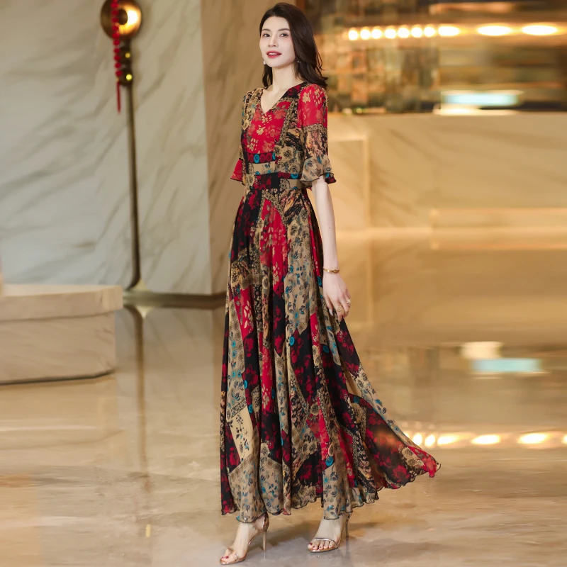 香衣丽华（25款205号花色）五分袖民族风花色气质简约大摆过膝长裙