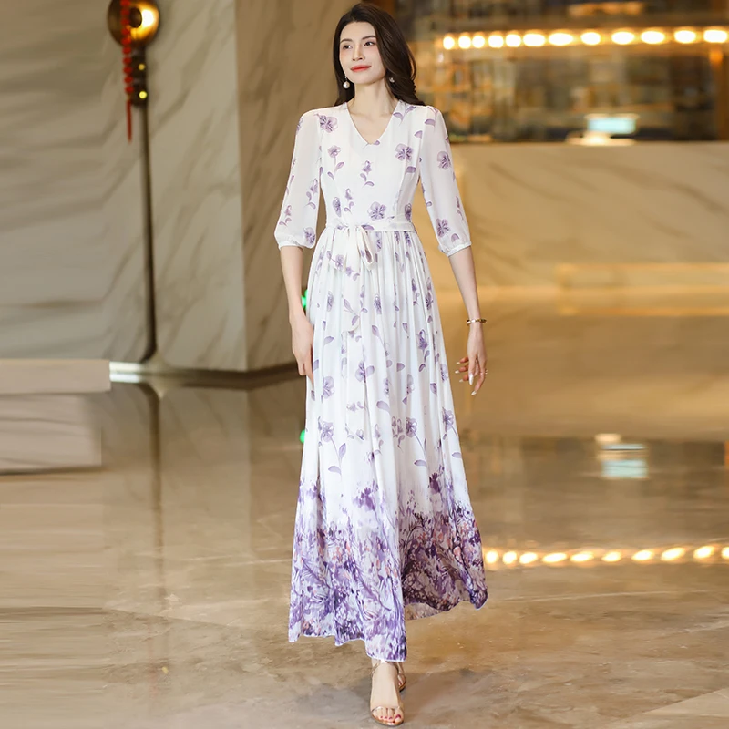 香衣丽华（09款223号花色）7分袖大摆花色长款过膝连衣裙