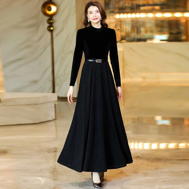 香衣丽华立领假两件长款过膝简约时尚气质连衣裙修身显瘦长裙