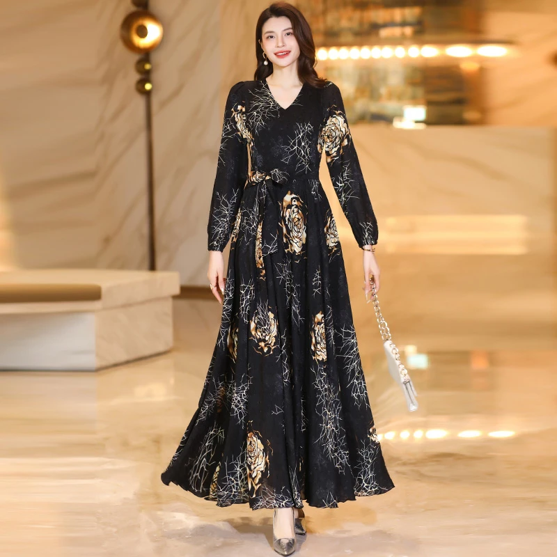 香衣丽华春季新款长款过膝连衣裙修身显瘦气质V领长款大摆连衣裙